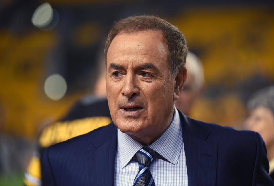 PITTSBURGH, PA - OCTOBER 02: Al Michaels, NBC Sports Sunday Night Football announcer, looks on from the sideline before a game between the Kansas City Chiefs and Pittsburgh Steelers at Heinz Field on October 2, 2016 in Pittsburgh, Pennsylvania. The Steelers defeated the Chiefs 43-14. (Photo by George Gojkovich/Getty Images)