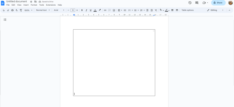 A screenshot of a blank Google Doc with a 1x1 table inserted.