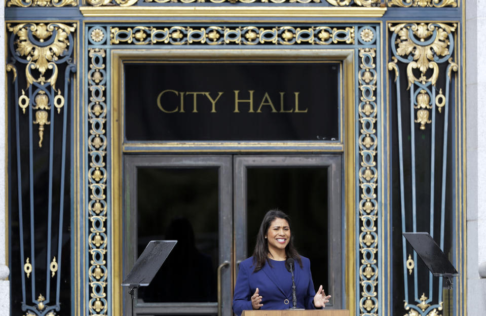 London Breed practices her speech before being sworn in as San Francisco's new mayor outside City Hall on Wednesday, July 11, 2018, in San Francisco. Breed becomes the city's first African American female mayor and she inherits a San Francisco battling homelessness, open drug use and unbearably high housing costs. (AP Photo/Marcio Jose Sanchez)