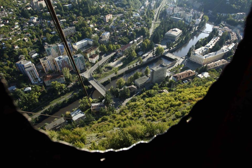 The town of Chiatura is seen from inside a cable car