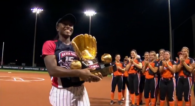Softballer A.J. Andrews receives the first ever Gold Glove given to a woman.