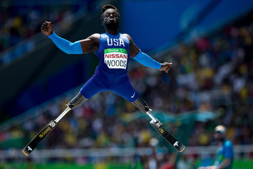 <p>Regas Woods, of the United States, competes in the men’s long jump T42 final, during the Paralympic Games, at the Olympic Stadium, in Rio de Janeiro, Brazil, Sept. 17, 2016. (Photo: Mauro Pimentel/AP) </p>