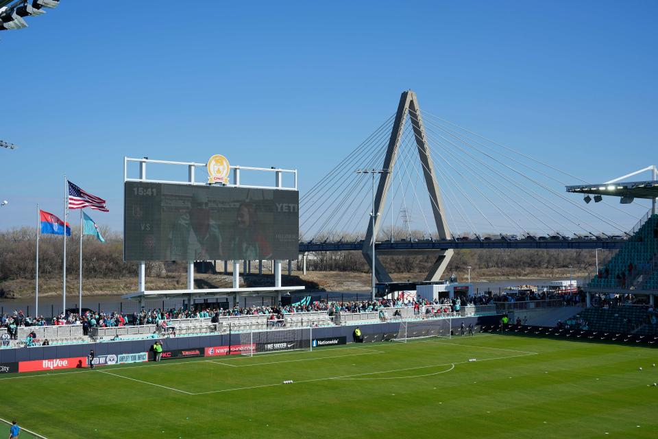 CPKC Stadium, seen here before Saturday's game between the Kansas City Current and Portland Thorns, is the first purpose-built stadium for a professional women's team.