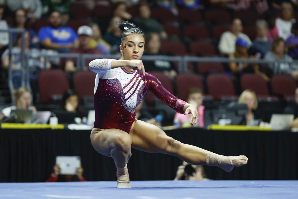 Alabama’s Luisa Blanco competes on the floor exercise during an NCAA gymnastics meet on Saturday, Jan. 6, 2024 in Las Vegas. | Stew Milne, AP