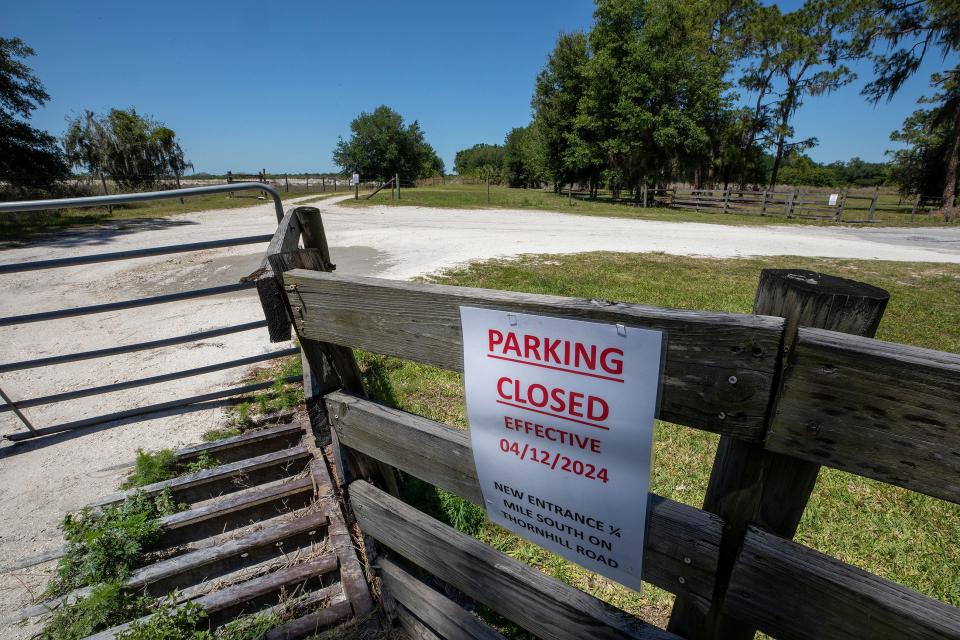 The old parking area and entrance to Marshall Hampton Reserve is closed as construction continues on the first leg of the Central Polk Parkway of Thornhill Road.