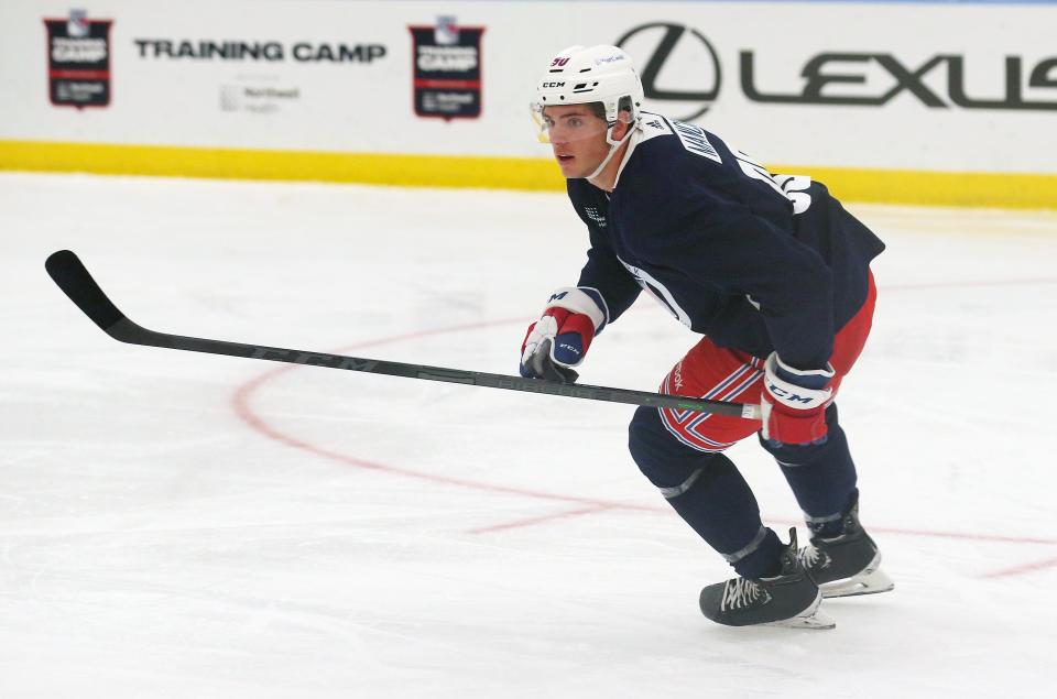 Victor Mancini takes part in the Rangers Prospect Development Camp at the Rangers Training facility in Tarrytown July 12, 2022. 