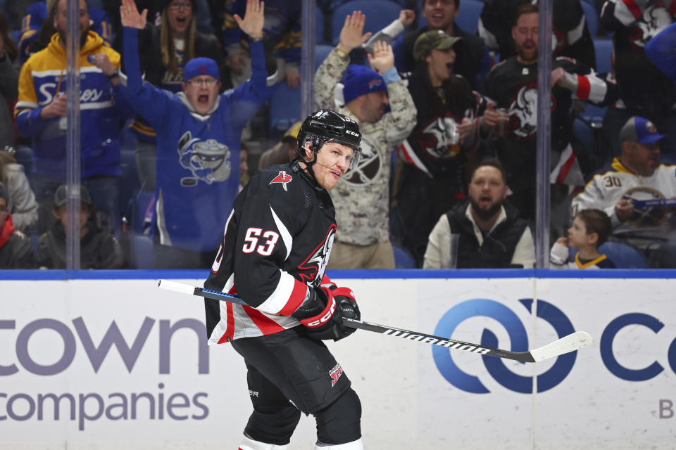 Buffalo Sabres left wing Jeff Skinner (53) celebrates his goal against the Vegas Golden Knights during the first period of an NHL hockey game Saturday, March 2, 2024, in Buffalo, N.Y. (AP Photo/Jeffrey T. Barnes)