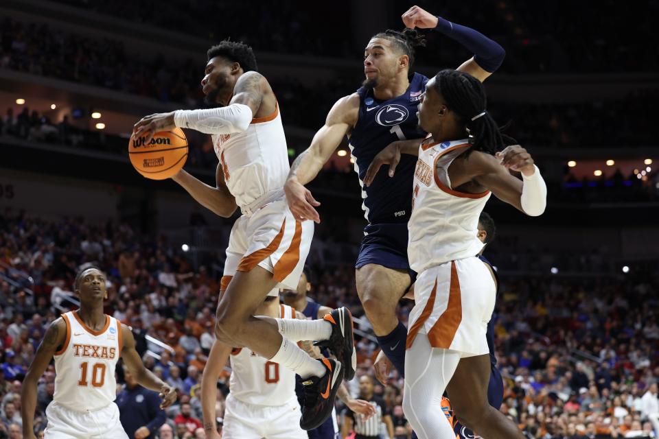 Texas guard Tyrese Hunter grabs a rebound during Saturday night's win. He made it to last year's Sweet 16 as an Iowa State freshman, too. “It’s a dream to play in the NCAA Tournament, but I’m not satisfied,” he said. “We want to make it to Houston. We’ve got more to do.”