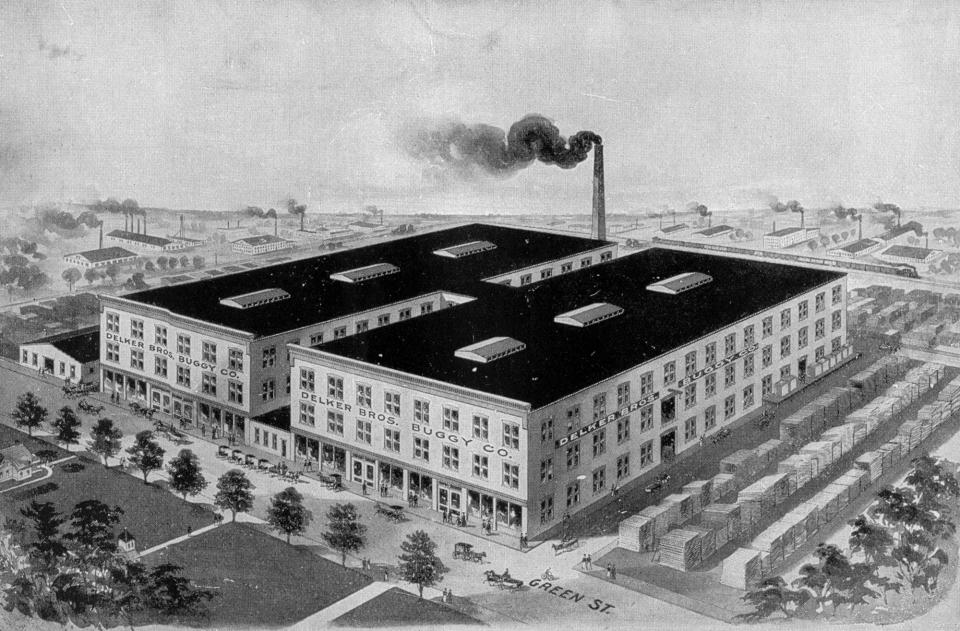 This stylized depiction of the Delker Bros. Buggy Co. appeared in a 1911 pamphlet issued by the Henderson Commercial Club. The building occupied most of the east side of Green Street between First and Second streets. The Delker family began building buggies here in 1863 and by 1898 was shipping them to every state in the nation. In 1923 it began building furniture and it built its last buggy in 1926. The business closed in 1973 and the building was razed in the fall of 1975.