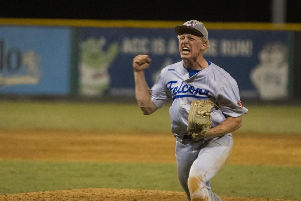 Truitt Manuel celebrates a big 6th inning pitching performance against J.H. Rose in Game 1 of the NCHSAA 3A State Championship on June 2, 2023, at Burlington Athletic Stadium in Burlington, NC. [PAT SHRADER/SPECIAL TO THE TIMES-NEWS]