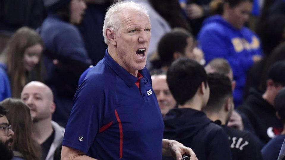 Former UCLA basketball player and NBA star Bill Walton talks after an NCAA college basketball game between UCLA and Stanford Thursday, Jan. 3, 2019, in Los Angeles. UCLA won 92-70. (AP Photo/Mark J. Terrill)