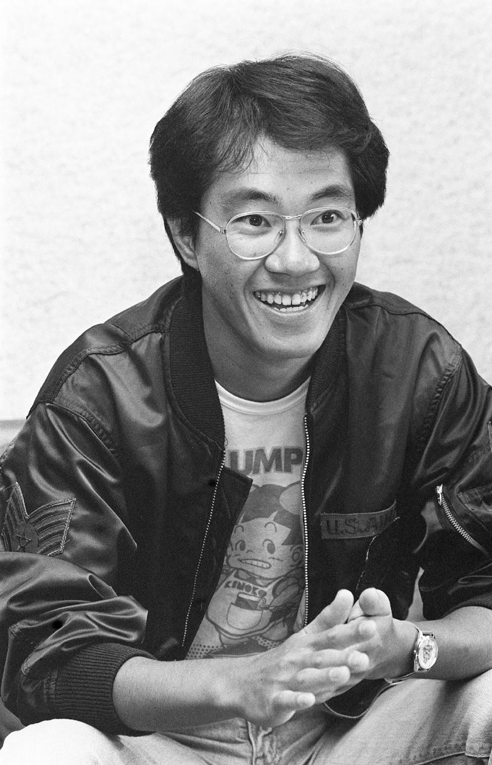 This black and white photo taken in May 1982 shows Japanese manga artist Akira Toriyama, whose death was announced on March 8, 2024. Publishing house Shueisha said in a statement that it was 