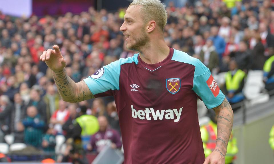 Marko Arnautovic celebrates scoring his second goal against Southampton.