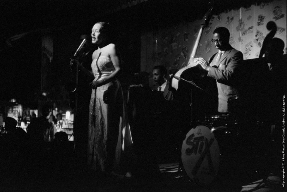 Billie Holiday  performing on stage with her band (Paul Quinichette, Carl Drinkard, Jimmy Schenck,  Bobby Darden) at Sugar Hill, Newark, New Jersey, April, 1957 - Credit: © 201 8 Jerry Dantzic/ Jerry Dantzic Archives