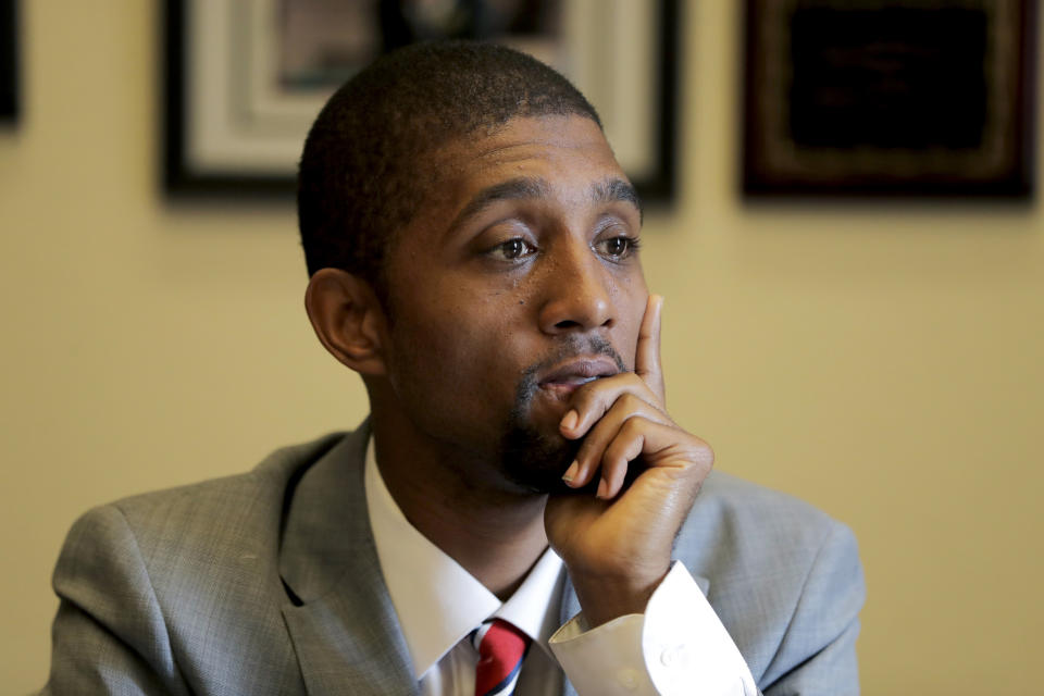 Baltimore Council President Brandon Scott talks to The Associated Press about the late U.S. Rep. Elijah Cummings, D-Md., a day after the congressman died Friday, Oct. 18, 2019, in Baltimore. “We grew up idolizing him. Before there was Barack Obama, here, we had Elijah Cummings,” Scott said. (APPhoto/Julio Cortez)