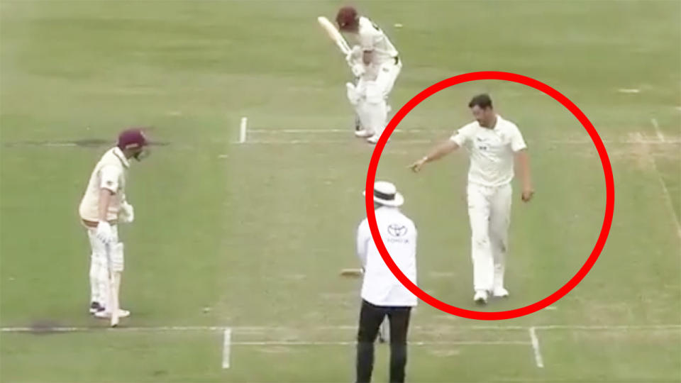 Mitchell Starc is seen pointing at the stumps and warning Marnus Labuschagne to stay behind the crease.