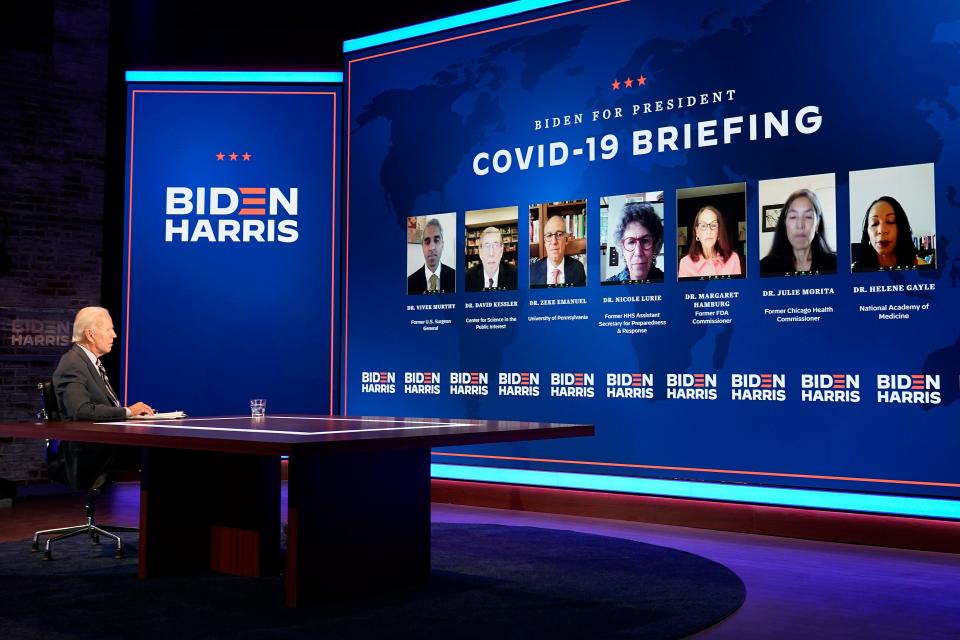 Democratic presidential nominee Joe Biden participates in a coronavirus vaccine briefing with public health experts Sept. 16, 2020, in Wilmington, Del.