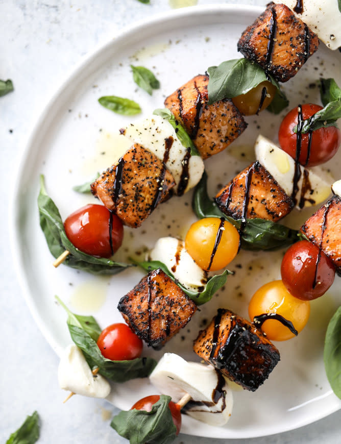 salmon caprese skewers