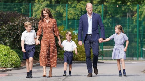 PHOTO: From left, Britain's Prince George, Kate Duchess of Cambridge, Prince Louis, Prince William and Princess Charlotte, arrive for a settling in afternoon at Lambrook School, near Ascot, England, Sept. 7, 2022. (Jonathan Brady/Pool via AP)