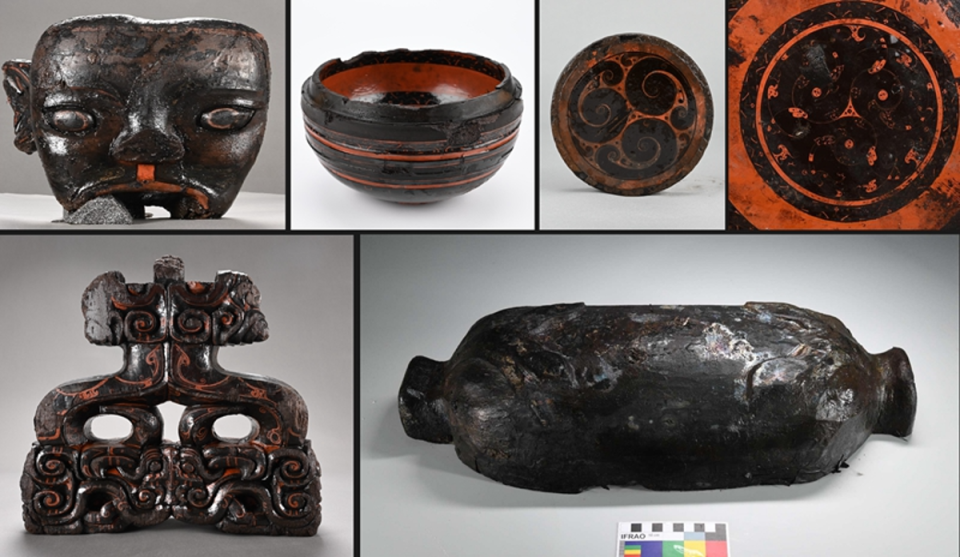 Picture shows lacquerwares unearthed from the Wuwangdun tomb discovered in Huainan (Anhui provincial cultural relics and archaeology research institute)