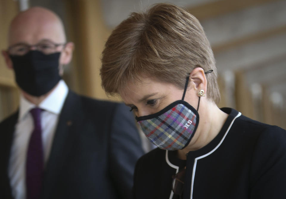 EDINBURGH, SCOTLAND - OCTOBER 1: First Minister Nicola Sturgeon MSP arrives for First Minister's Questions at the Scottish Parliament at Holyrood on October 1, 2020 in Edinburgh, Scotland. (Photo by Fraser Bremner - Pool/Getty Images)