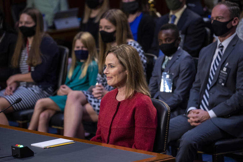 Supreme Court nominee Amy Coney Barrett speaks during a confirmation hearing before the Senate Judiciary Committee, Tuesday, Oct. 13, 2020, on Capitol Hill in Washington. (Shawn Thew/Pool via AP)