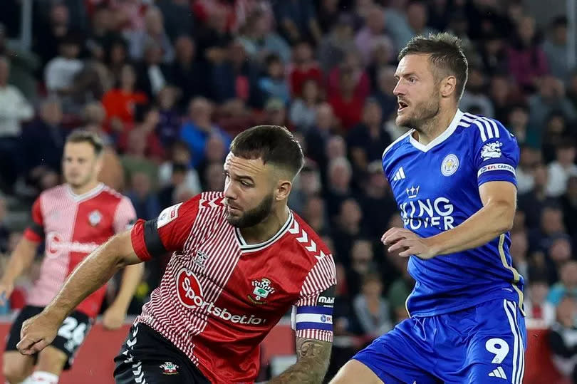 Jamie Vardy of Leicester City watches his shot go in