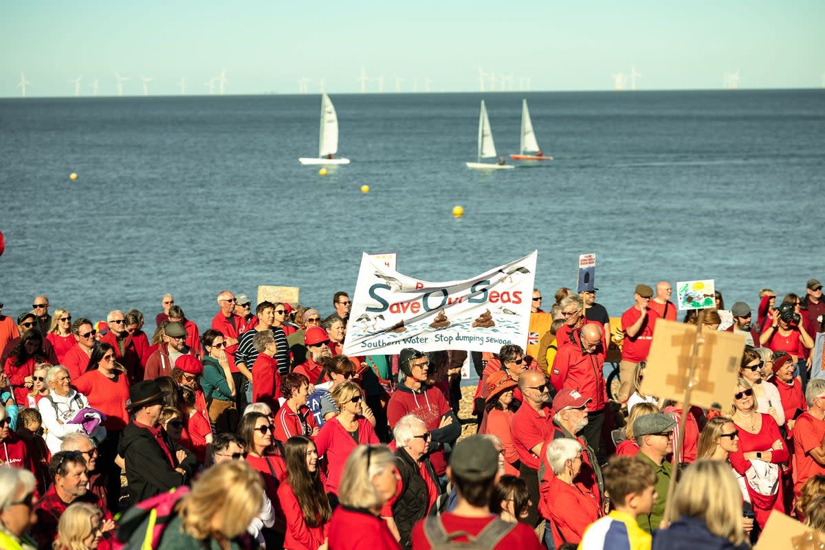 Campaigners and protesters against sewage pollution at a previous SOS Whitstable protest in 2022 (Aga McPherson/PA) (PA)