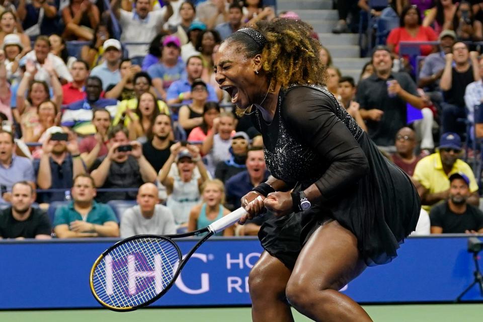 Serena Williams reacts during the first round of the US Open tennis championships against Danka Kovinic on Monday, Aug. 29, 2022.