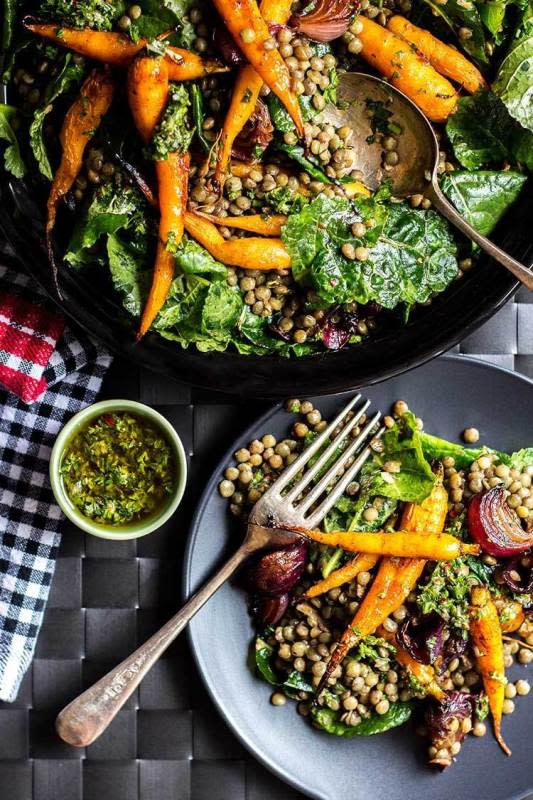<p>Quite Good Food</p><p>A hearty lentil salad with maple and balsamic roasted baby carrots and red onion, tossed with baby kale and dressed with chimichurri sauce.</p><p><strong>Get the recipe: <a href="https://quitegoodfood.co.nz/lentil-salad-baby-carrots-red-onion/" rel="nofollow noopener" target="_blank" data-ylk="slk:Lentil Salad with Baby Carrots and Red Onion;elm:context_link;itc:0;sec:content-canvas" class="link ">Lentil Salad with Baby Carrots and Red Onion</a></strong></p>