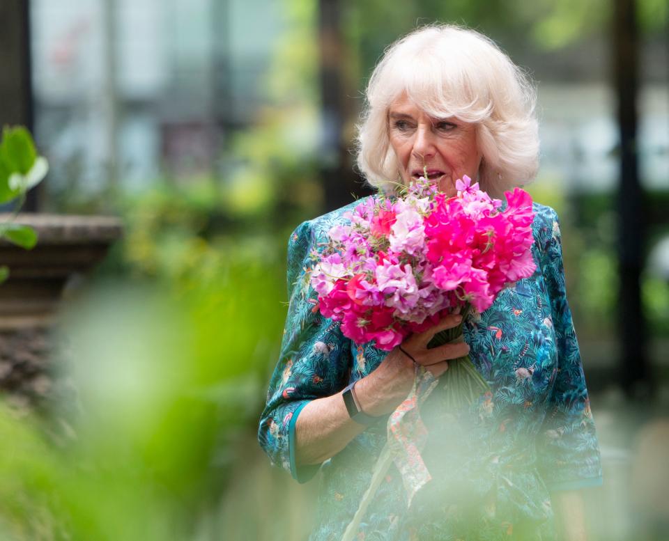 Britain's Camilla, Duchess of Cornwall visits the Garden Museum to open the annual British Flowers Week festival in London on June 10, 2021. (Photo by Geoff Pugh / POOL / AFP) (Photo by GEOFF PUGH/POOL/AFP via Getty Images)