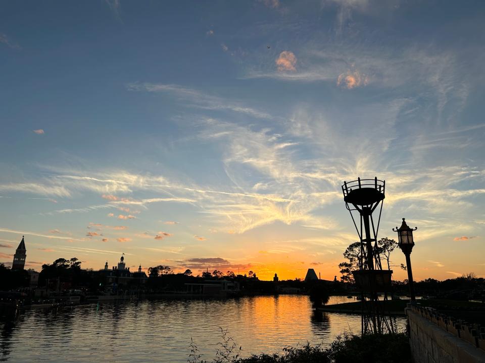 A Disney lake at sunset.