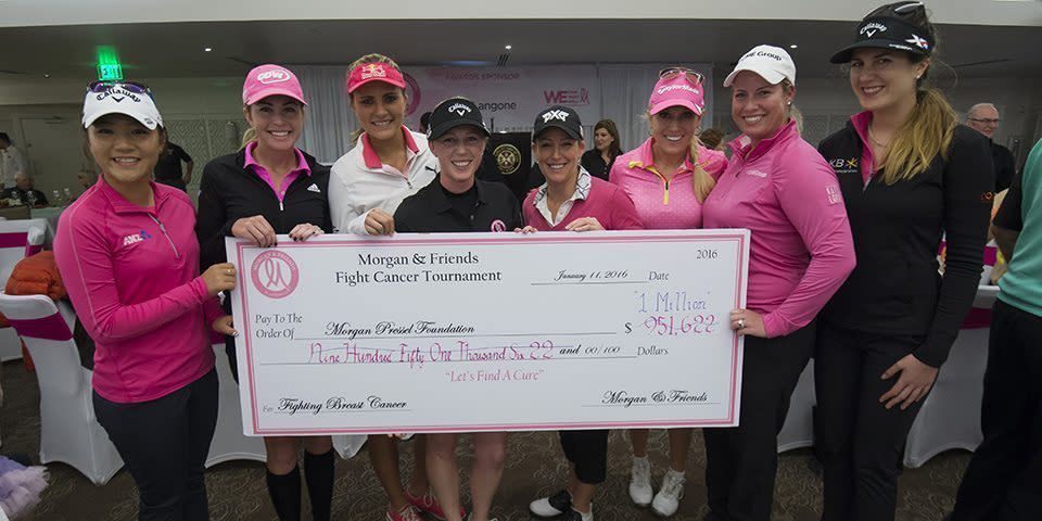 Lydia Ko, Paula Creamer, Lexi Thompson, Morgan Pressel, Cristie Kerr, Natalie Gulbis, Brittany Lincicome and Sandra Gal with the $1 million check at the 2016 Morgan & Friends Tournament.