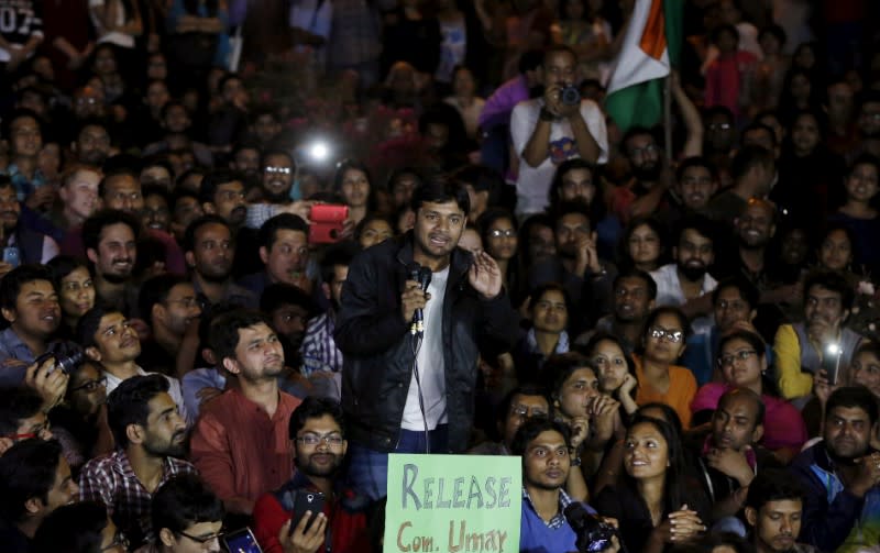 FILE PHOTO: Kanhaiya Kumar, a Jawaharlal Nehru University student union leader, gestures as he addresses a meet inside JNU campus in New Delhi