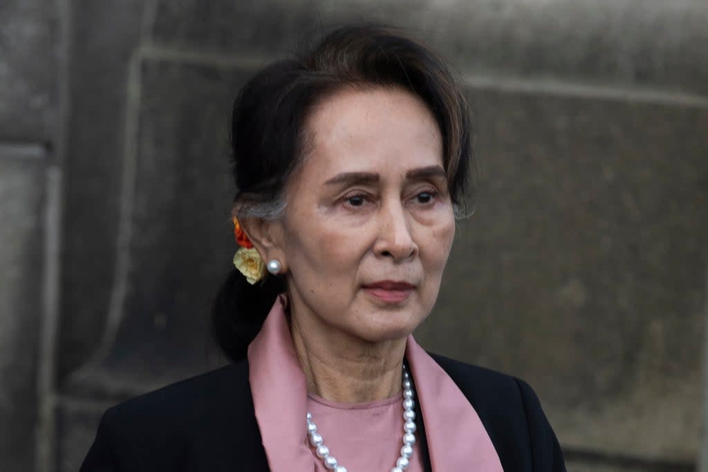 File image: Myanmar's then-leader Aung San Suu Kyi leaves the International Court of Justice (AP)