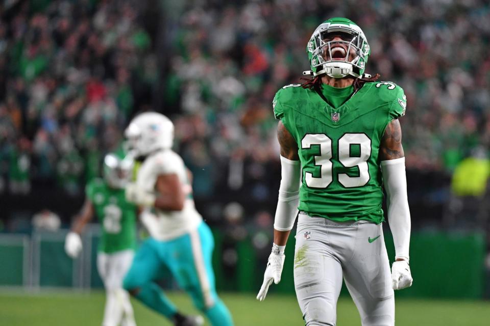 Oct 22, 2023; Philadelphia, Pennsylvania, USA; Philadelphia Eagles cornerback Eli Ricks (39) reacts after after breaking up a pass on fourth down against the Miami Dolphins during the fourth quarter at Lincoln Financial Field. Mandatory Credit: Eric Hartline-USA TODAY Sports