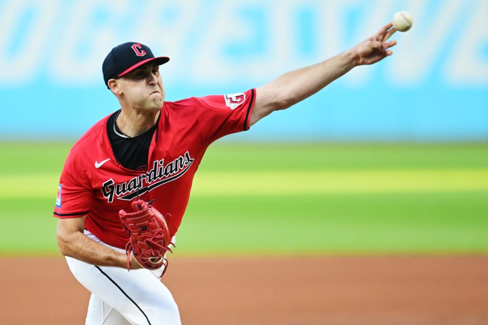 Cleveland Guardians starter Matthew Boyd (16) throws a pitch against the Minnesota Twins on Sept. 16 in Cleveland.