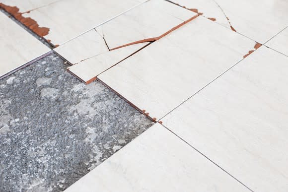 Close-up shot of a few ceramic floor tiles, cracked and damaged.