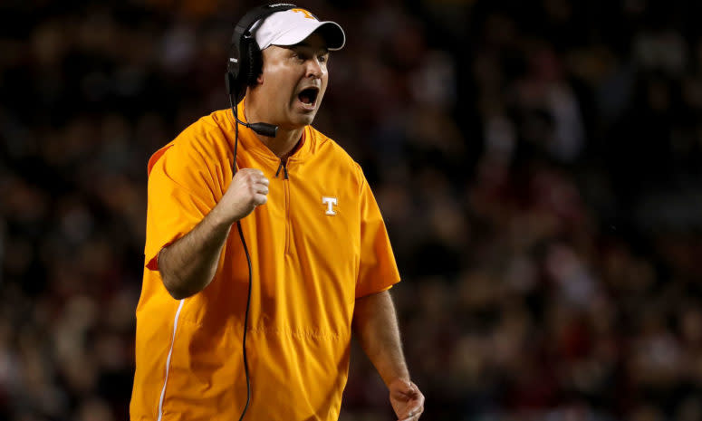 Tennessee football's head coach Jeremy Pruitt on the sideline for Tennessee.
