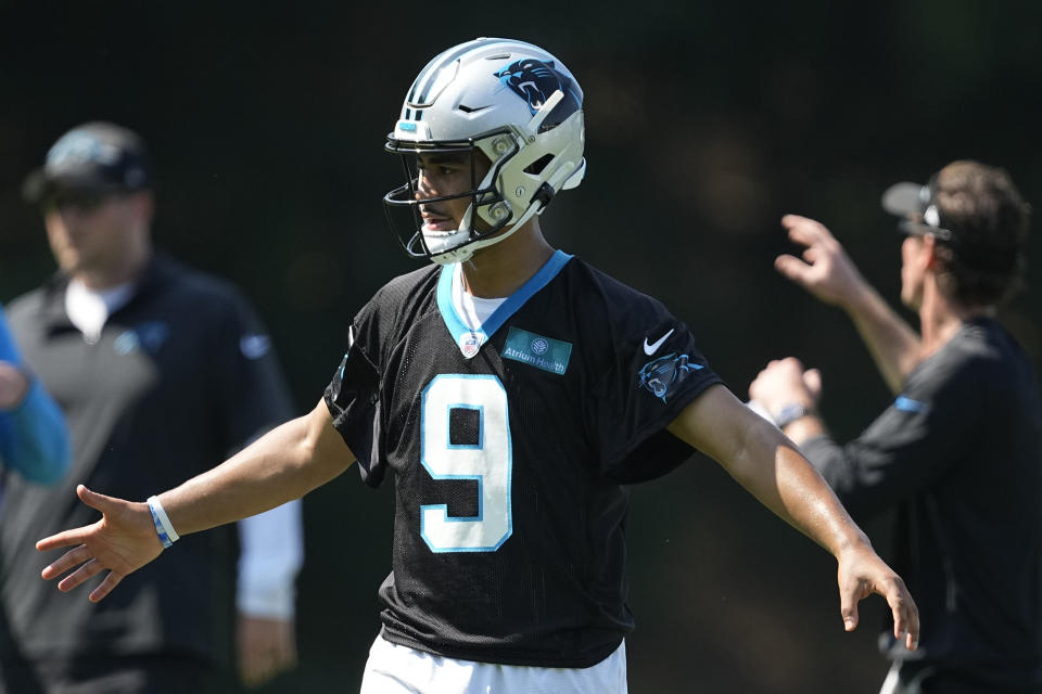 Carolina Panthers quarterback Bryce Young watches drills at the NFL football team's training camp on Wednesday, July 26, 2023, in Spartanburg, S.C. (AP Photo/Chris Carlson)