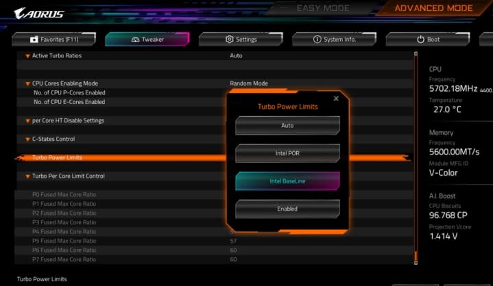 The Intel Baseline Profile setting in Gigabyte's BIOS.