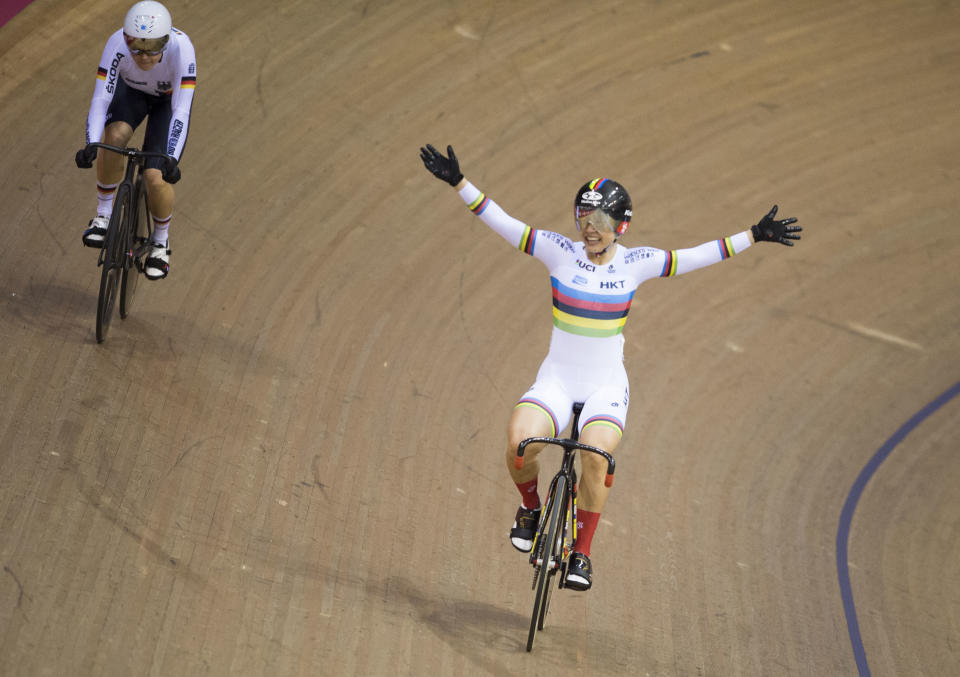 Hong Kong's Hon Sze Wai Lee celebrates after defeating Germany's Emma Hinze in the final of the Women's Sprint event during day three of the UCI Track Cycling World Cup at the Sir Chris Hoy Velodrome, Glasgow. (Photo by Ian Rutherford/PA Images via Getty Images)