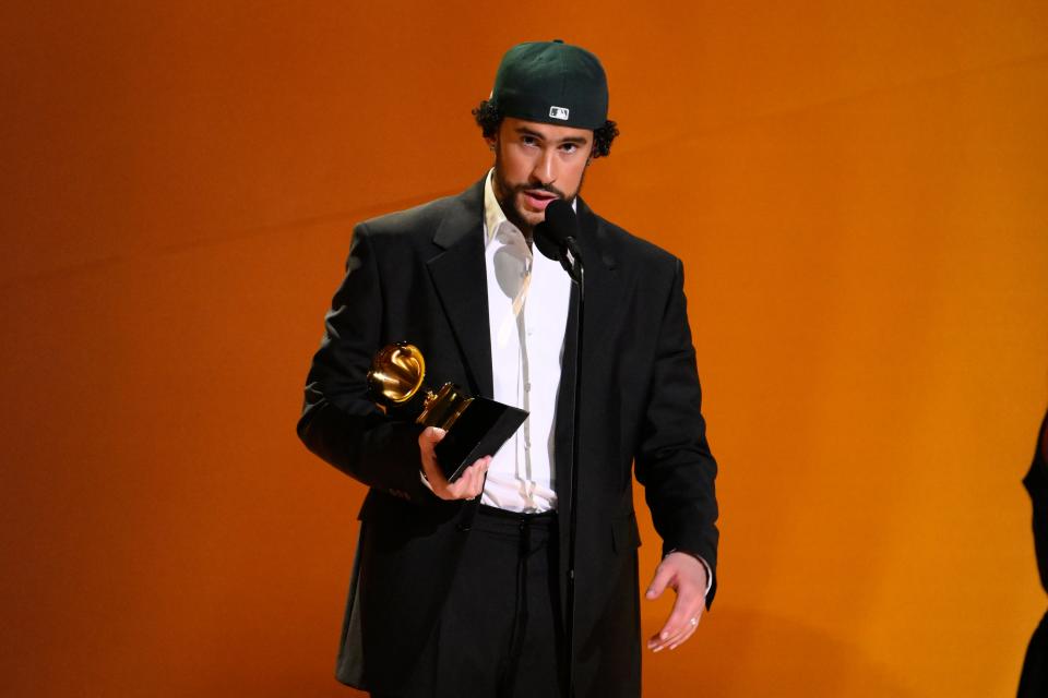 Bad Bunny accepts the award for best música urbana album for “Un Verano Sin Ti” during the 65th annual Grammy Awards in Los Angeles on Feb. 5, 2023.