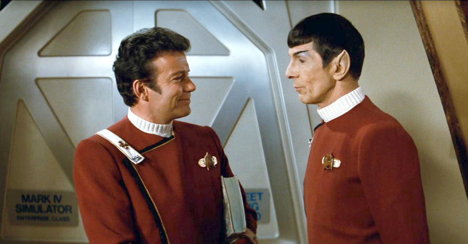 LOS ANGELES - JUNE 4: From left: William Shatner as Admiral James T. Kirk and Leonard Nimoy as Captain Spock in the movie, 