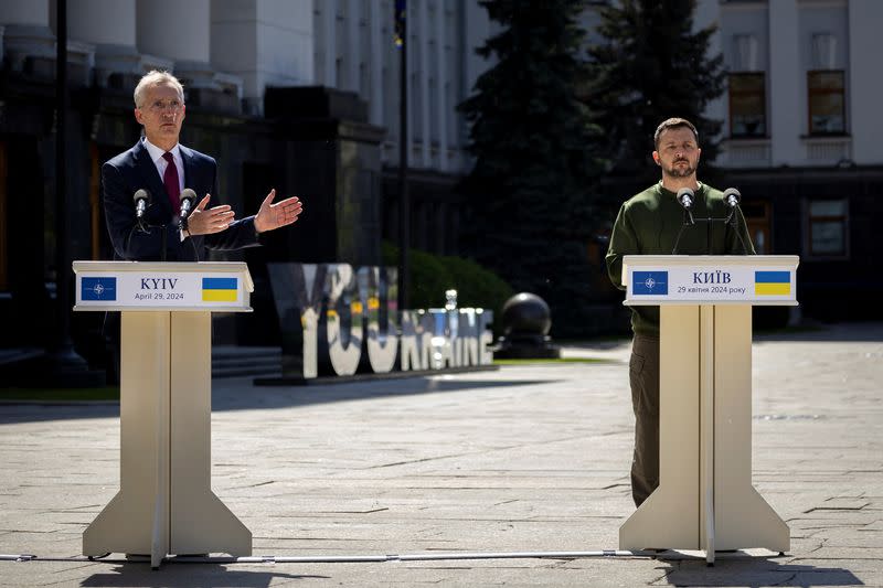 Ukraine's President Volodymyr Zelenskiy and NATO Secretary-General Jens Stoltenberg attend a press conference in Kyiv