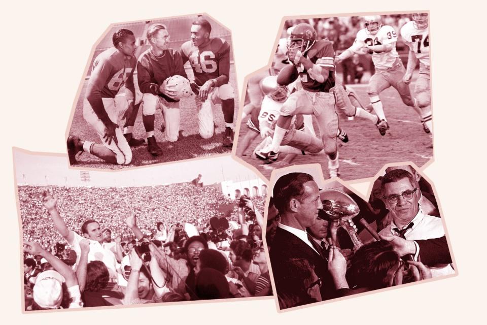 Clockwise from top left: Rams from 1946; USC's Anthony Davis; Green Bay Coach Vince Lombardi, Miami Coach Don Shula