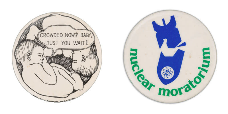 A button on the left shows two fetuses in a cramped womb, with one saying "crowded now? baby, just you wait" and a button on the right showing a broken nuclear missile, its cracks forming the outline of a peace dove, above the words "nuclear moratorium"