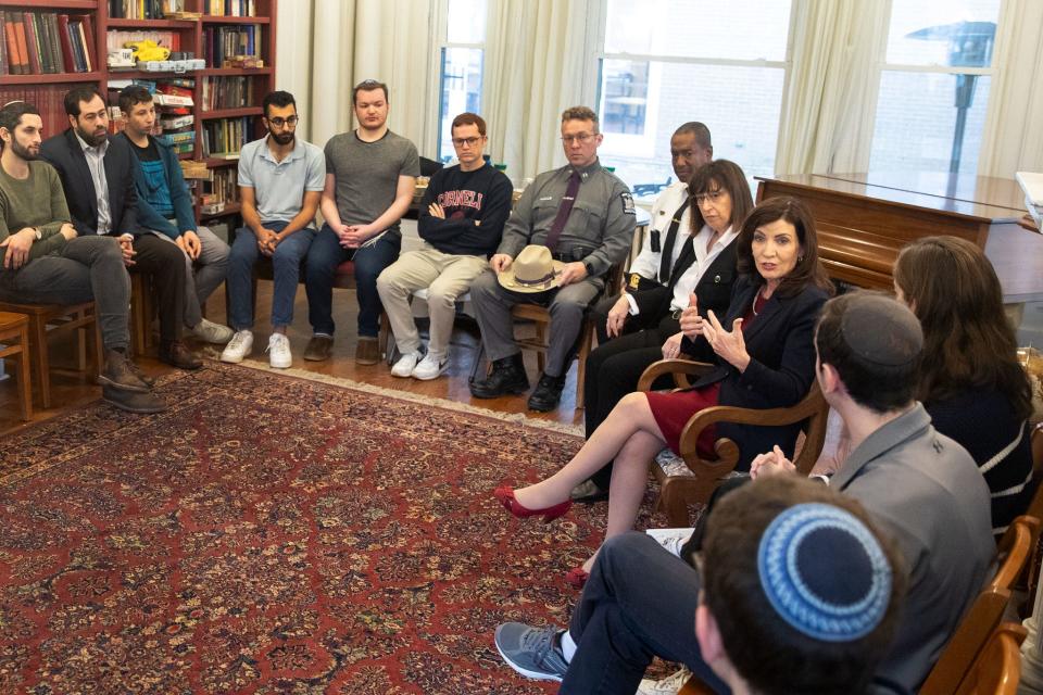 Gov. Kathy Hochul speaks with students during a visit to Cornell University’s Center for Jewish Life on Monday, Oct. 30, 2023. Hochul conducted a roundtable discussion with students addressing recent antisemitic threats made online.