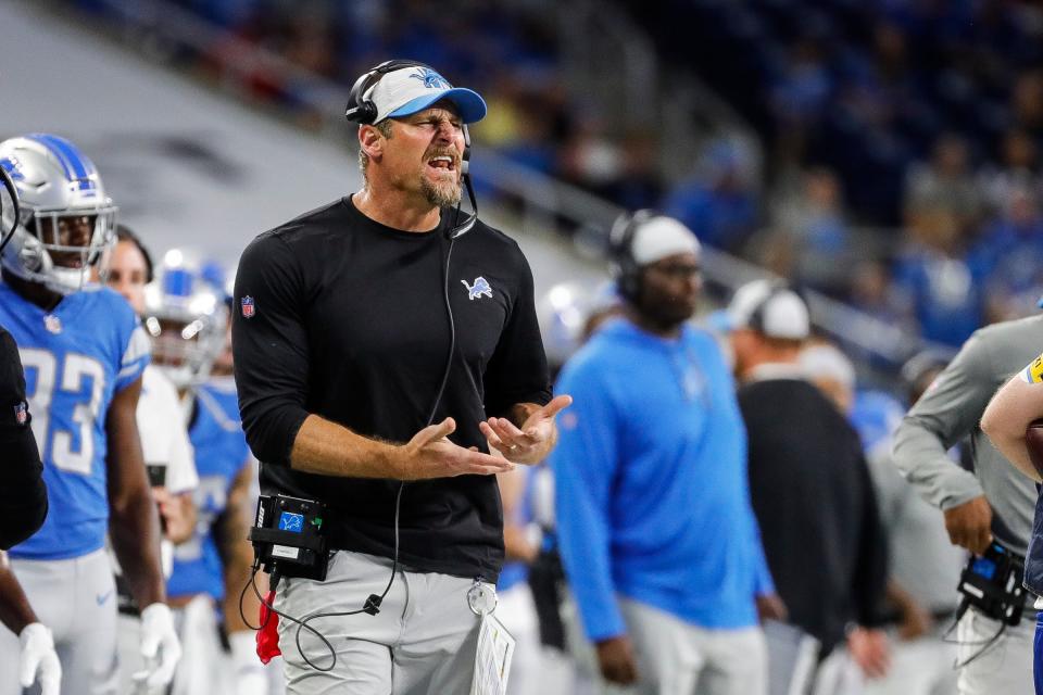 Detroit Lions head coach Dan Campbell reacts to a play  against the Buffalo Bills during the second half of the preseason game at Ford Field in Detroit on Friday, Aug. 13, 2021.