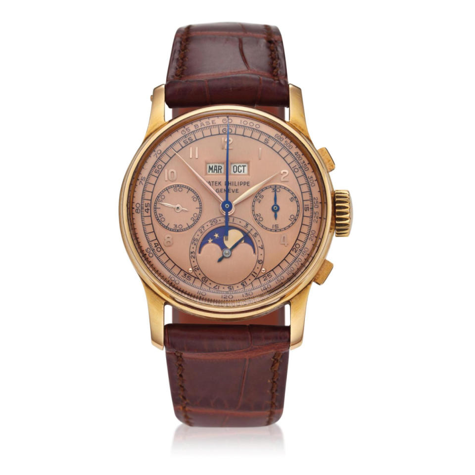A Patek Philippe Ref. 1518 with salmon dial. This example sold at Sotheby’s for $2.2 million. <a href="https://robbreport.com/style/watch-collector/christies-postpones-rare-watches-auction-1235615409/" rel="nofollow noopener" target="_blank" data-ylk="slk:Images from Christie’s are unavailable due to the cyber attack;elm:context_link;itc:0;sec:content-canvas" class="link ">Images from Christie’s are unavailable due to the cyber attack</a>.
